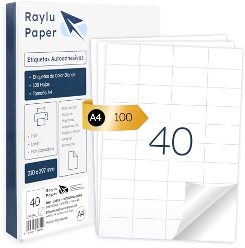 Raylu Paper® - Selbstklebendes A4-Papier Weiß zum Bedrucken | 100 Blatt Haftpapier für Inkjet-, Laser- und Kopierdrucker | Klebeetiketten auf A4-Bögen| Starke Klebkraft 52 x 30 mm