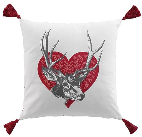 MACOSA U1611642 Deko-Kissen Herz Hirsch 40 cm Weiß Rot Baumwolle inkl. Füllung Sofakissen Dekokissen Zierkissen Deko Couchkissen Geweih