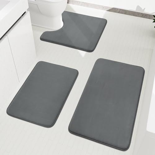 chakme Badezimmerteppich Set 3 Teilig, Weiche Memory-Schaum Badematte und U Förmige wc Vorleger, Badteppich rutschfest Waschbar Badvorleger Set Dunkelgrau