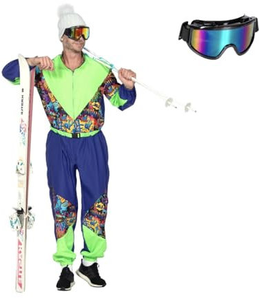 MIMIKRY 80er Jahre Graffiti Retro Ski-Anzug Herren-Kostüm inkl. Brille Overall Einteiler Trash Bad Taste Apres Ski, Größe:L-52/54