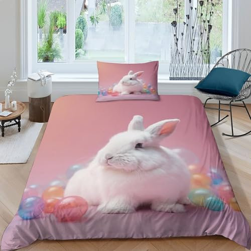 VesFy 3D Druck Niedliches Kaninchen Bettbezug Kopfkissenbezug Mit Reißverschluss Schließung Haustier-Häschen Bettwäsche Set 2 Teilig Mikrofaser Für Jugendliche Kinder Schlafzimmer Single(135x200cm)