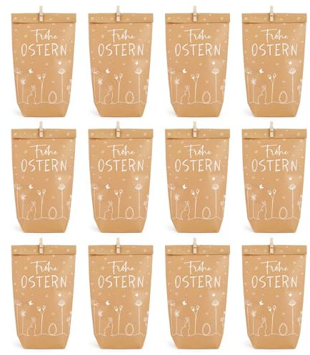 BOFUNX 12pcs Ostertüten Geschenktüten Set - Frohe Ostern Kraftpapiertüten mit 12pcs Mini-Holzklämmerchen zum Verpacken von Geschenken für Kinder und Erwachsene