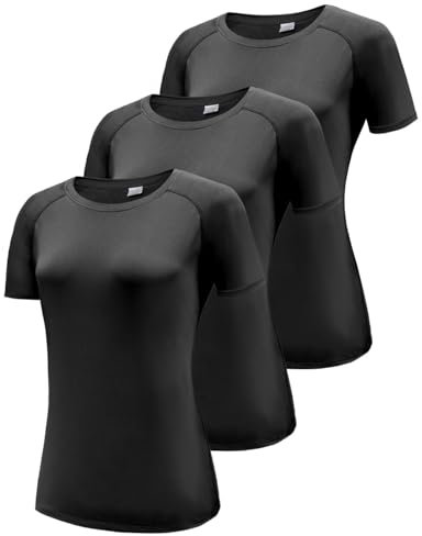 3er Pack T-Shirt Damen, Sport Shirt Damen Funktionsshirt Kurzarm Laufshirt, Rundhals Sommer Kurzarmshirt Sporttop, Atmungsaktiv Sportshirt Yoga Gym Shirt Fitness Oberteile Black 3P16-M