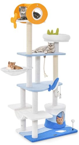 GOPLUS Kratzbaum mit Meeresmotiven, Katzenbaum mit Sisalstämmen, 3 Hängekugeln & Katzenhaus, mehrstufiger Spielturm für Katzen zum Klettern und Spielen, Blau