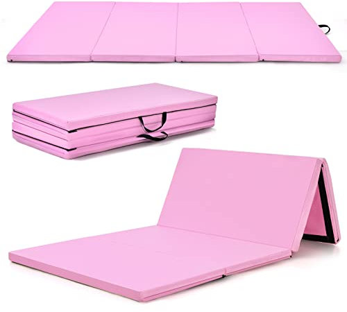 GOPLUS Tapis de Gym Épais Pliable, 240x118x5 CM, Tapis de Gymnastique 4 Plis avec Attaches Auto-Agrippante, Poignée Transport Portable en Cuir, Tapis Fitness pour Yoga, Sport (Rose)
