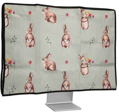 kwmobile Dust Cover for 27-28 monitor - Linen Monitor Protector with Design - Rabbits and Flowers White/Brown/Gray Green
