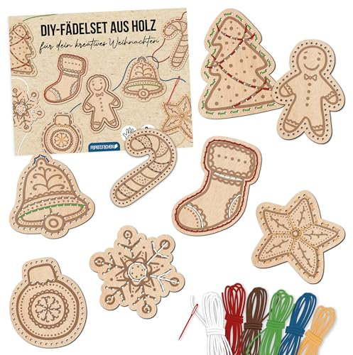 Papierdrachen DIY Fädelset aus Holz -Bastelset - Handarbeit für Groß und Klein - Fädelformen - Feinmotorik kreativ üben - Dekoration für Weihnachten - Set 01
