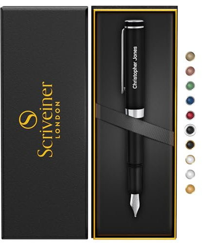 Scriveiner Personalised Luxury EDC Fountain Pen (Medium), Stunning Matt Black Pocket Pen, Chrome Finish, Schmidt German Nib, Best Engraved Fountain Pen Gift Set for Men & Women, Name Engraving