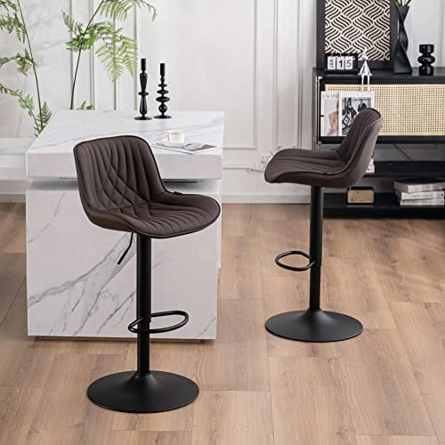 YOUTASTE Bar Stools Set of 2, Breakfast Bar Chairs with Back, PU Leather Kitchen stools, Swivel Height Adjustable Barstools, Modern, Brown