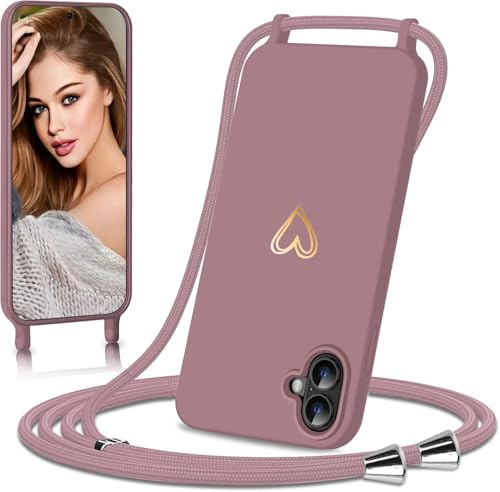 Eherui handyband für iPhone 16 Hülle mit Band,Design Gold Herz,Dünn Stoßfeste SchutzHülle,mit Abnehmbar Kordel zum Umhängen Liquid Silikon Case Handyhülle für iPhone 16 6,1 Zoll,Rosa