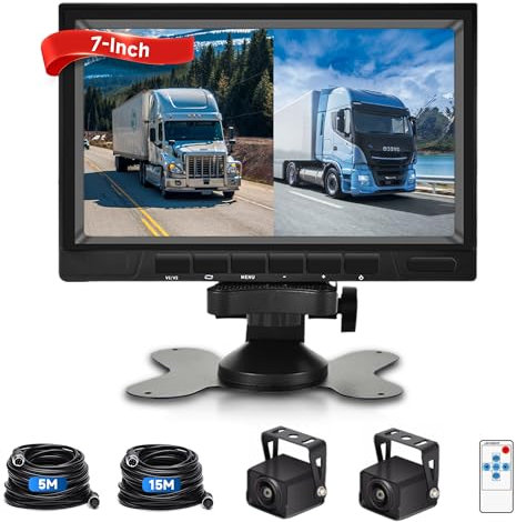 Doppio Telecamere Posteriori Kit con Monitor HD da 7 Pollici, 1080P 2 Telecamere Posteriori IP68 impermeabile/Visione Notturna a Colori/170° Grand Angolo/Image Flip, per Camion RV Bus Camper Caravan