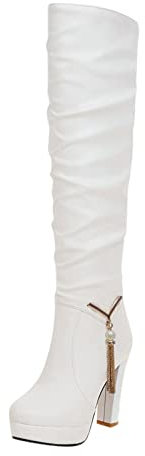 Stivali alti da donna con tacco grosso alto alla coscia con plateau sopra stivali neri alti al ginocchio stivali neri larghi stivali da cowboy per donna stivali alti al ginocchio per le donne, bianco,