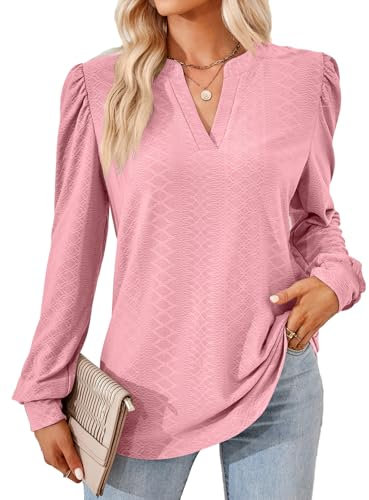 Oheyeseker Donna Manica Lunga Maglia Scollo a V Maglietta Elegante T-Shirt Basic Casual Tunica Bluse Camicette Tops Autunno Camicia Shirts（L,Rosa）