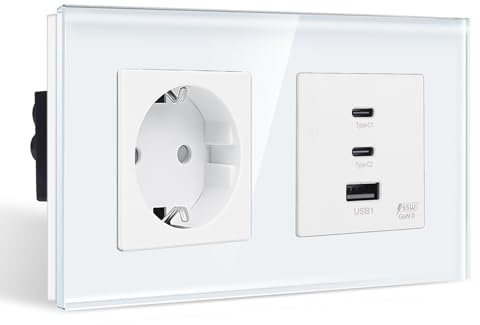 CNBINGO Double prise Schuko avec 3 ports USB (charge rapide 65 W) – 2 x type C et 1 x USB-A – Double prise Schuko en verre encastrée – Blanc avec sécurité enfant