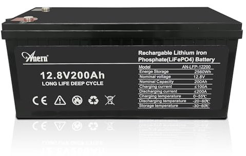 Anern Batteria Litio 12V 200Ah, Batteria 200Ah 12V con BMS Da 200A Fino a 15000 Cicli perfetto per il campeggio, l'accumulo di energia domestica solare, Off-Grid