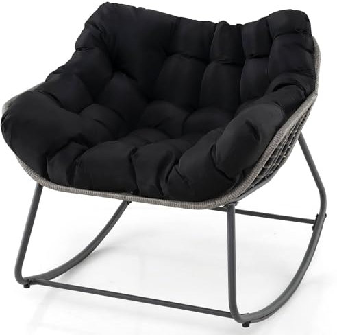 SFAREST Outdoor Rocking Chair, Patio Rattan Rocking Egg Chair with Soft Cushion, Wicker Patio Leisure Saucer Chair Glider Seat for Garden Park Balcony