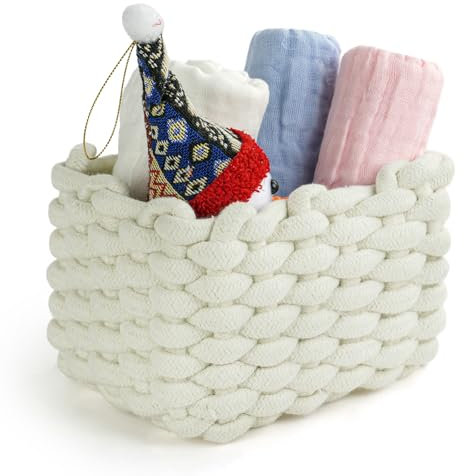 Aolso 1Pcs Woven Storage Baskets,Cotton Rope Basket,White Storage Baskets,Multipurpose Organiser Box for Cupboard Drawer Closet Shelf Dresser Nursery Decor Bathroom
