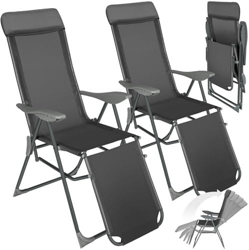 TecTake® Lot de 2 Fauteuil de Jardin Chaise Longue Pliable avec Repose Pieds Accoudoirs, Appuie-tête Amovible Salon de Jardin Exterieur, Structure en Aluminium, Dossier Inclinable