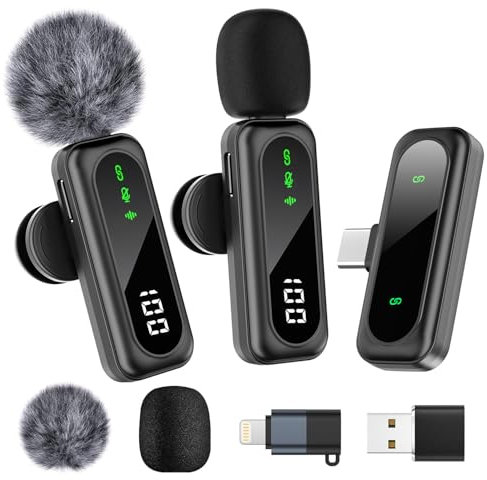 FSXEU Microfono Lavalier senza fili per Iphone/Android/Pc, Mini microfono a bavero con cancellazione del rumore, compatibile per la registrazione video, Vlog, interviste, Youtube, Tiktok