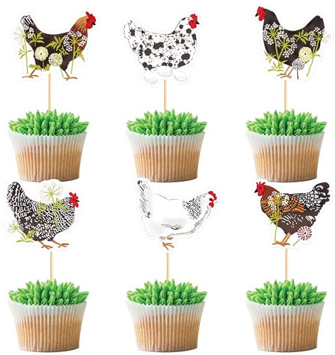 Blumomon 24 Stück Huhn Cupcake Topper Alles Gute zum Geburtstag Kuchen Dekor Chicken Thema Geburtstag Party Zubehör Bauernhof Feiern Party