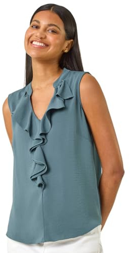 Roman Originals Women Frill Front Vest Top Ladies Ruffle Blouse Summer Spring Special Occasion Evening Holiday Cruise Cocktail Party Short Long Sleeve Sleeveless V-Neck - Light Denim - Size 18