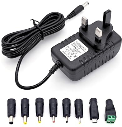 JZK DC 15V 1A power adapter, 15W replacement power supply AC to DC, charger adaptor plug with charging cable, with 8 interchangeable DC connector tips