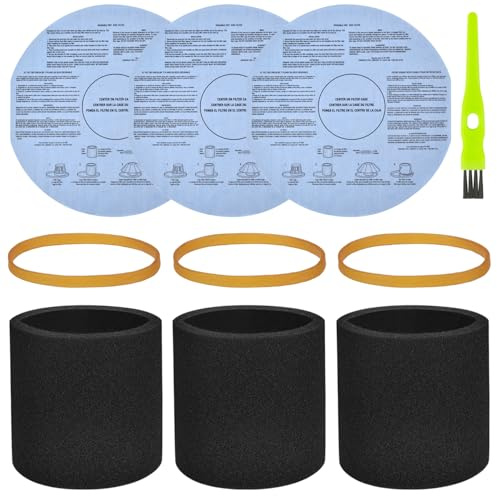 3 Pack 90585 Foam Sleeve Filter and 3 Pack 90107/90137 Wet Dry Vac Filter for Most Shop Vac 5 Gallon and Above Vacuum Cleaner,Vf2002 Dry Discs Filters with 3 Retaining Bands,Replace# 9058500, 9010700