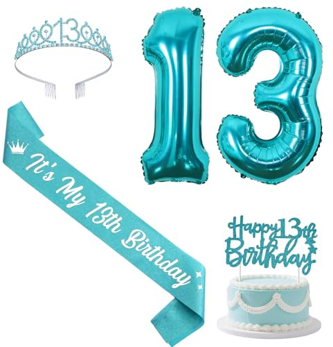 Sursurprise Blaugrün 13 Geburtstag Dekorationen mit Schärpe und Tiara, Happy 13th Birthday Cake Topper Zahl 13 Luftballons 13 Jahre alt Geburtstag Party Supplies für Mädchen