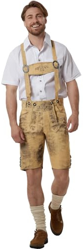 dressforfun Trachtenhose kurz, vegane Lederhose Herren, Trachtenlederhosen für Herren aus Kunstleder, Oktoberfest Hose mit Hosenträger, Trachten Optik mit traditioneller Stickerei