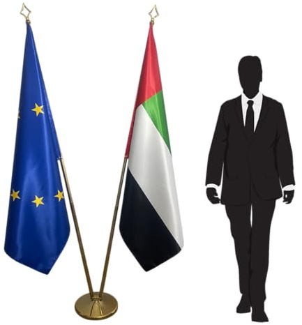 EU- & Vereinigte Arabische Emirate Flaggen auf einem Edelstahlsockel - Gold-Finish Edelstahlstangen, Innenprotokollverwendung, institutionelle Darstellung, Flaggen 100x150 cm Code CN8-EU-UAE-L