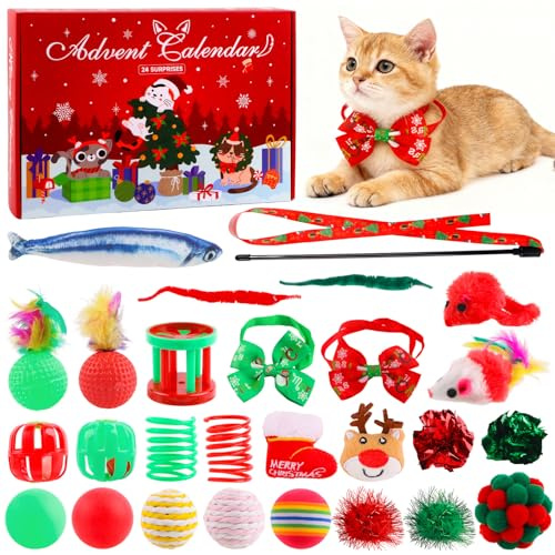 Katzen Adventskalender 2025, 24 Tag Sortiment mit interaktivem Katzenspielzeug wie Federstab, Katzenminze Fisch, Bällen, Mäusen & Glocken Wiederverwendbar als Weihnachten Geschenk für Katzenliebhaber