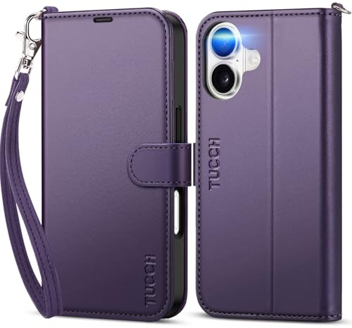 TUCCH Hülle für iPhone 17 6,3 2025, Klapphülle, Dunkelviolett | Magnetverschluss, RFID Blocker Handyhülle, Handschlaufe, 4 Kartenfächer, Stoßfeste TPU-Innenschale, Ständer, PU-Leder
