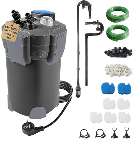EXLECO Außenfilter Aquarium mit UV Lampe 1400L/H 35W Einstellbar Schwarz | Aquariumfilter Leistungsstarker 3 Stufen für Aquarien bis 300L, Kanisterfilter, Kammerfilter mit Filtermaterial Schlauch