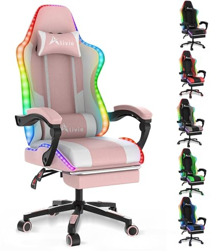 Alivio Wireless App Control LED Gaming Chair with Massage Lumbar Cushion & Retractable Footrest, 360° Recline & Swivel Breathable Leather Office Massage Chair, PU Leather Video Game Chair (Pink)