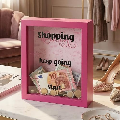 MIJOMA Spardose aus Holz mit Glasfront – dekorativer Sparrahmen für Geldgeschenke zu Hochzeit, Geburtstag, Reise & mehr – kreative Geldbox (Start Shopping - pink, 18 x 14 x 5 cm)
