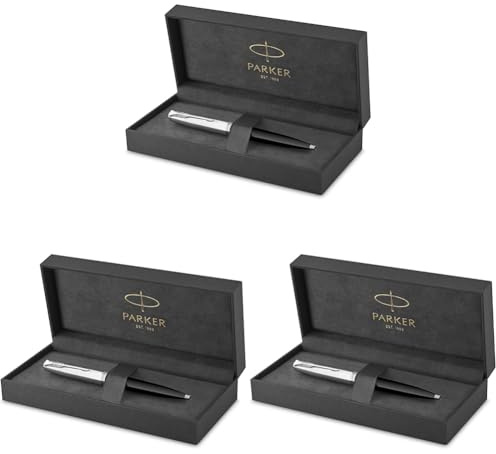 PARKER 51 Kugelschreiber | Schwarzer Schaft mit Chromfarbenen Zierteilen | Mittlere Schreibspitze mit Schwarzer Nachfüllmine | Geschenkbox (Packung mit 3)