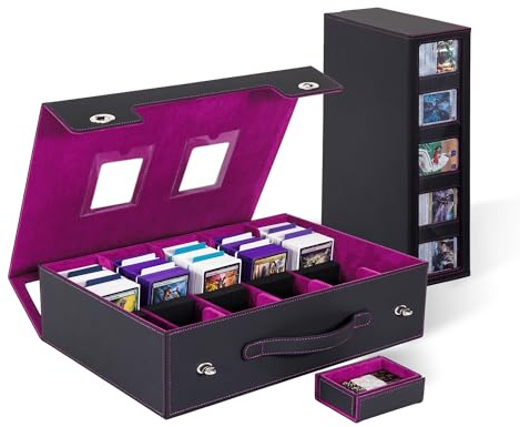 VAULTIS Trading Card Storage Box 3900+ with Portable Handle & Alloy Lock, 5-Row MTG Deck Box with Removable Dice Tray, Commander Display Card Case for Toploader TCG PTCG Sports Cards (Black&Purple)
