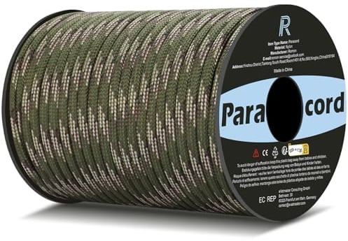 Romon Paracord 550 9 Fili 50m - Corda in Nylon 4mm Verde Militare Mimetica | Resistenza 250kg per Sopravvivenza, Campeggio, Fai da Te