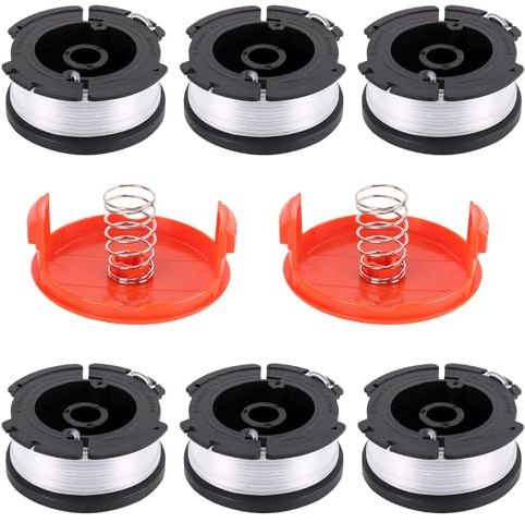 6 Pezzi Rocchetto Filo di Ricambio Tagliabordi Compatibile con Black & Decker Filo Decespugliatore, 9.15m Ø1.65mm, + 2 Copri Bobina + 2 Molla di Ricambio, AF-100 A6481 A6485, Bobine per Tagliaborda