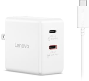 Lenovo Caricatore doppio USB-C 65W GaN, 2 porte USB-C, per laptop/tablet, telefoni e altro, dimensioni compatte, spina pieghevole, include cavo USB C da 1,5 m, modello/tipo: CC65, bianco