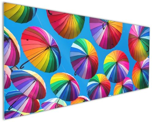 Wallario Küchenrückwand aus Glas 125 x 50 cm, Motiv: Bunte Regenschirme vor blauem Himmel | Spritzschutz abwischbar & pflegeleicht