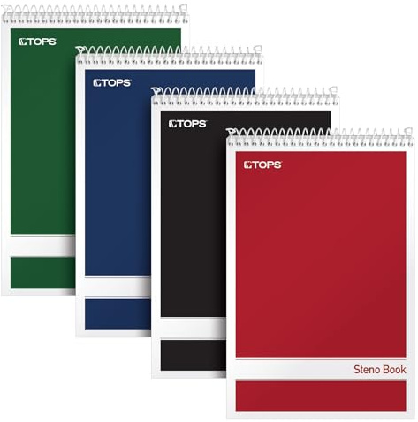 TOPS Steno Pads 4 Pack, 6 x 9 Spiral Steno Notebooks, Gregg Rule for lists, 80 Sheets Each, White Paper, Assorted Covers, Take Notes for School, College, Work, Office (80220)