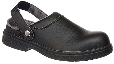 Portwest FW82 Steel Microfibre Clog Padded Collar Slip Oil Water Resistant | Black, 2, SB EN ISO 20345, CE Certified, Self-Cleaning Outsole, Anti-Static Footwear, Detachable Strap, Wipe Clean Upper