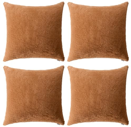 Thmyo 4-Pack Super Soft Fluffy Faux Fur Cushion Covers 45x45 cm Brown | Comfortable Plush Square Throw Pillow Cases Decorative Pillowcases for Sofa Bed Couch Living Room Home Decoration