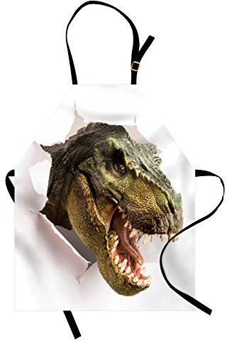 ABAKUHAUS Dinosaurio Delantal de Cocina, Dino Hace Trizas De Papel, Estampa Digital Resistente al Agua Apto Lavadora, Ejército Verde Verde Blanco