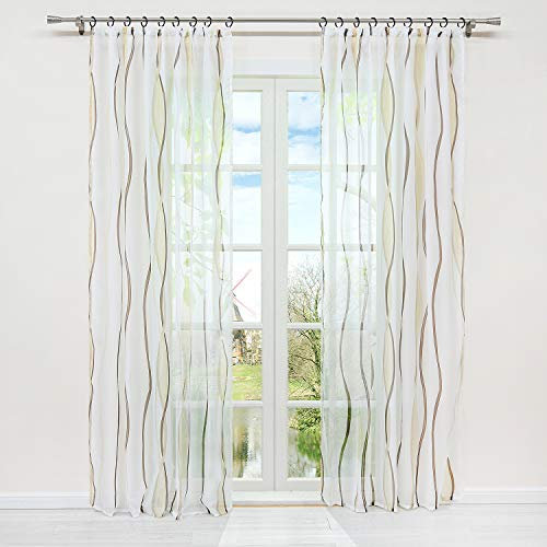 HongYa 1er-Pack Voile Gardine Transparenter Vorhang mit Kräuselband Wellen Druck H/B 245/140 cm Creme Braun