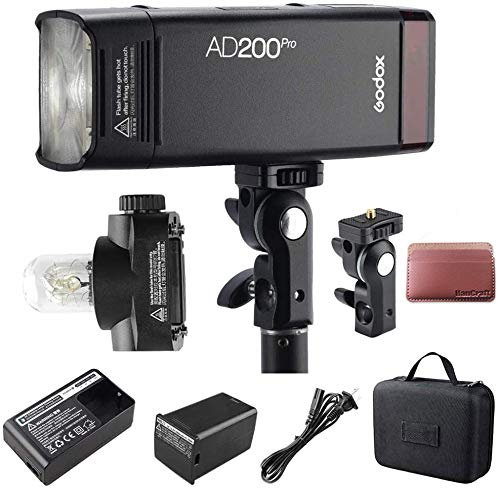 Godox AD200Pro Strobe Flash, (Godox AD200 Pro)200Ws 2.4G Monolight Strobe,500 Full Power Flashes, 1/8000 HSS, 0.01-1.8s Recycling,2900mAh Battery, Bare Bulb(GN60), Speedlite Fresnel Flash Head(GN52)