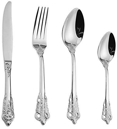 WULUN Edelstahl Besteck-Set Barock 4-teilig mit Messer Gabel Löffel Kaffeelöffel, Antik Königliche Stil, Spülmaschinenfest…