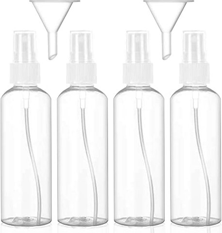 Hanyousheng 4 PCS 100ml/3.38oz Spray Bottle, Plastic Refillable Spray Bottle, Atomiser Spray Bottle, Transparent Fine Mist Spray Bottle, Spray Bottle Set, for Cleaning, Perfume, with 2 Pieces Funnel