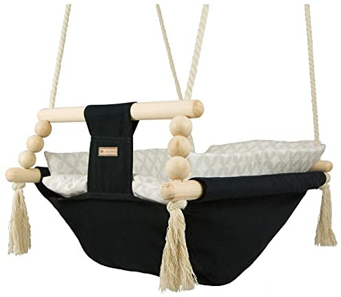 Babyschaukel Kleinkindschaukel Babyliegeschaukel Stoffschaukel Babywippe Wiege (Muster: schwarz, cremefarben Quadrate)